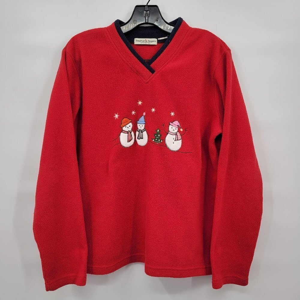 Stephanie Rogers Women Red V Neck Snowman Embroidered Oversize Sweater Size L